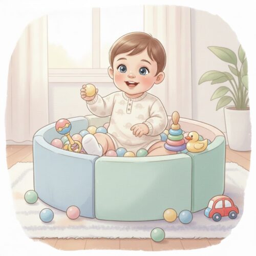 生後6ヶ月の赤ちゃんがコンパクトなボールプールの中でおもちゃなども入れて遊んでいるイラスト
