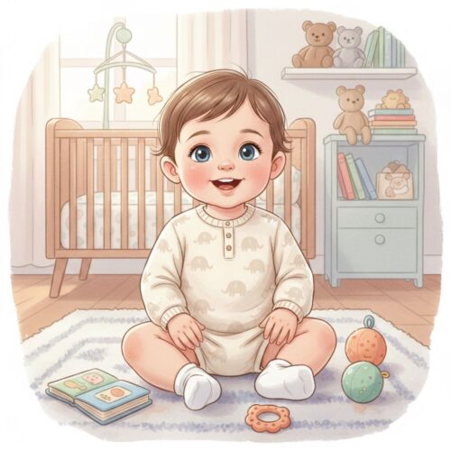 お座りができるようになった生後6ヶ月の赤ちゃんのイラスト