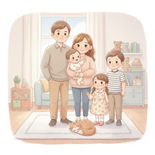 お父さん、お母さん、9歳の男の子、7歳の女の子、7カ月の女の子、茶色の長毛ねこの家族写真のようなイラスト