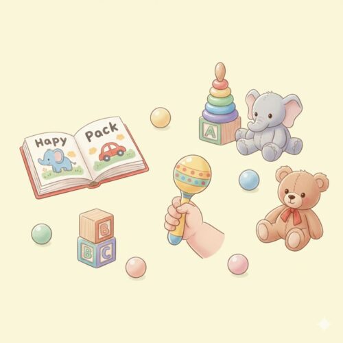 生後6ヶ月の赤ちゃんが遊ぶマラカスのおもちゃやカラフルな絵本、ぬいぐるみのイラスト