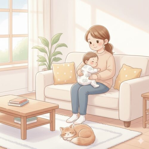 生後6ヶ月の赤ちゃんとお母さんが家の中でゆっくり過ごしているイラスト