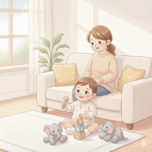 生後6ヶ月の赤ちゃんがおもちゃで遊んでいて、周りにテーブルなどなく、少し離れたところでお母さんが本を読まないで、赤ちゃんを見守っているイラスト