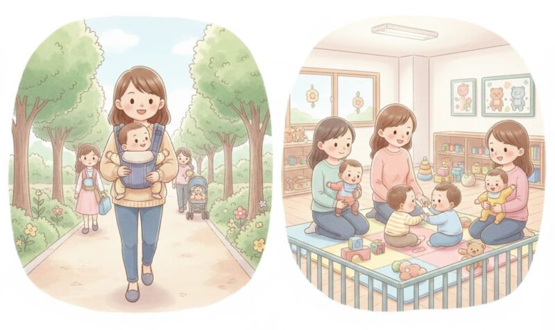 生後6ヶ月の赤ちゃんと抱っこ紐でお散歩や、支援センターへ行きいろんなお母さんや赤ちゃんと触れ合っているイラスト